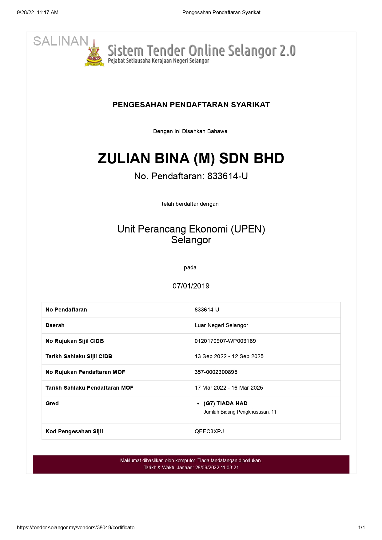Sijil Tender Online Selangor